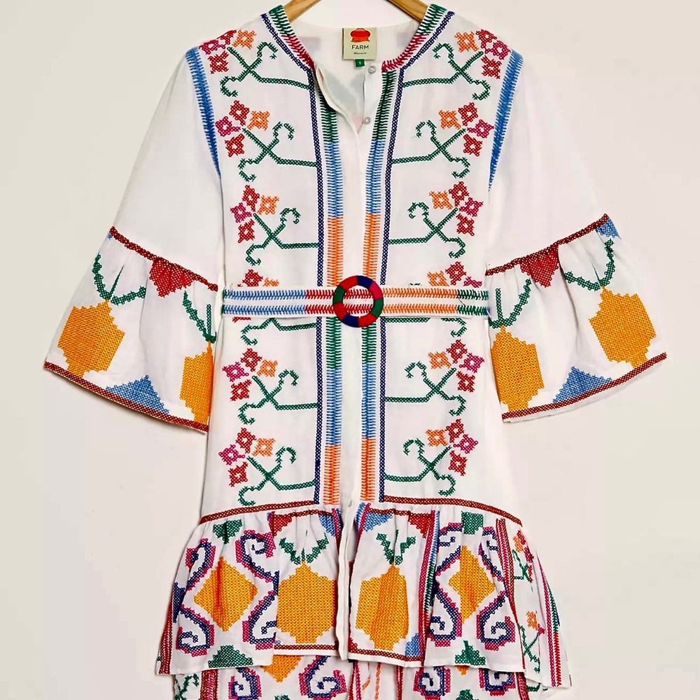 FARM RIO Cross Stitch Jimena Embroidered Mini Dress